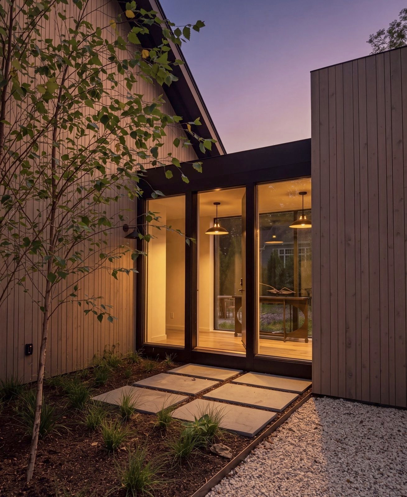 The entrance court at dusk, the glazed link lit from within