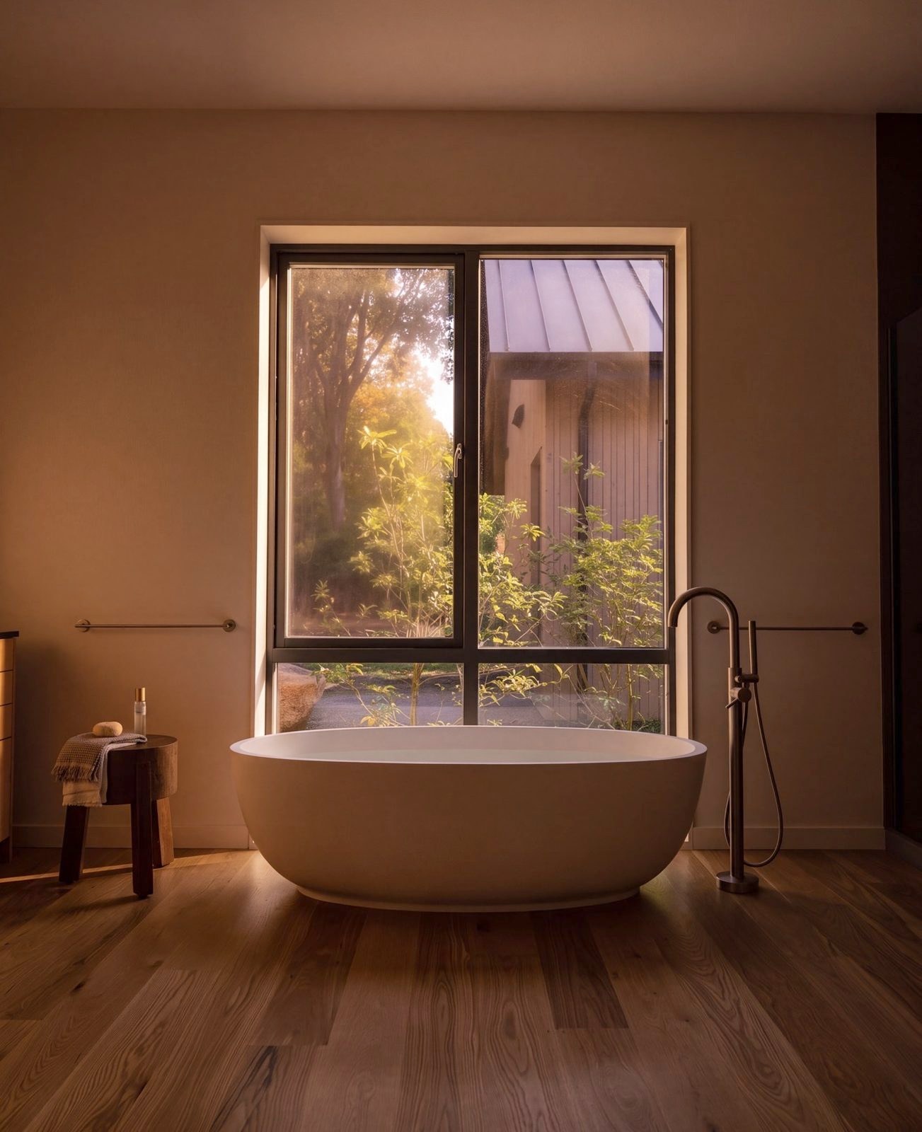 A freestanding bath by the window at the last of the light