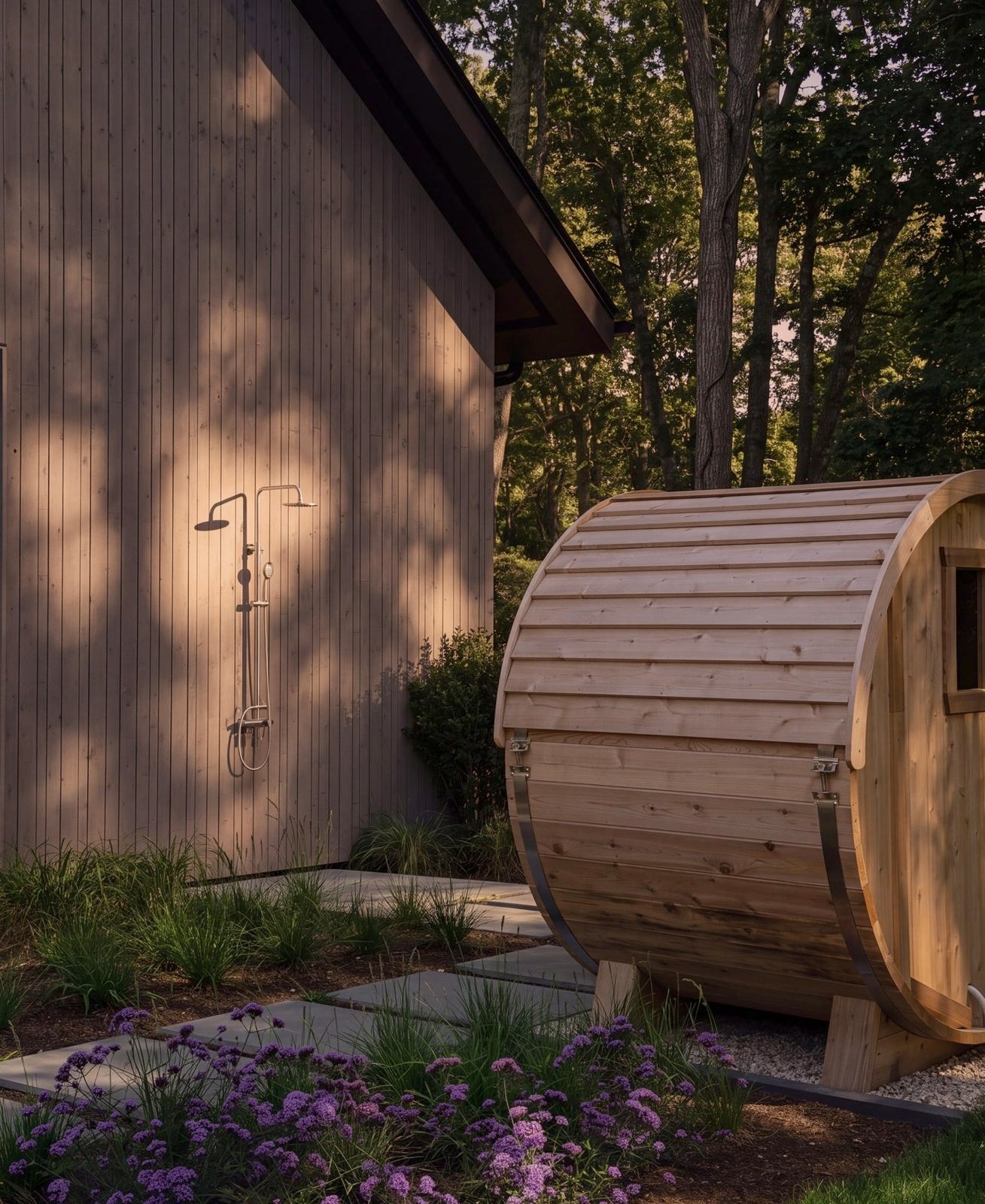The barrel sauna and outdoor shower against the cedar wall
