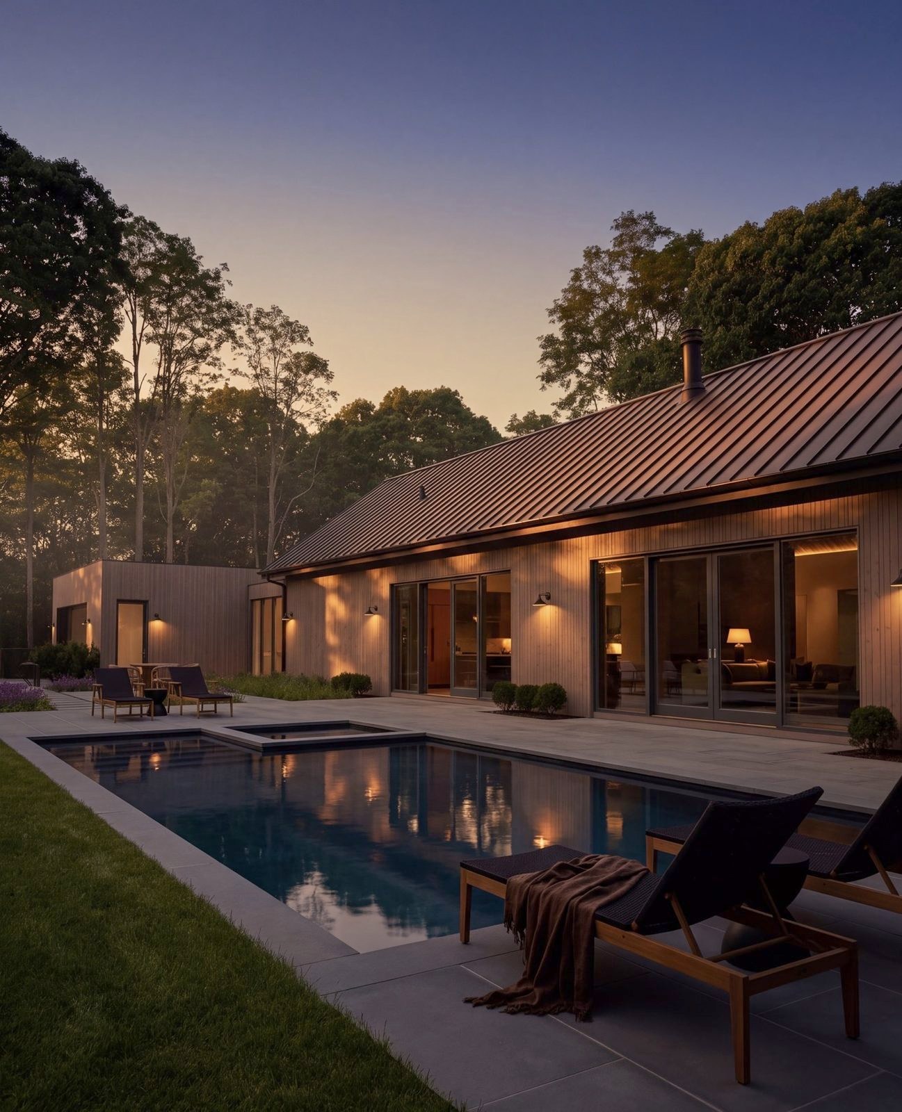 The pool terrace at dusk, the house lit behind it