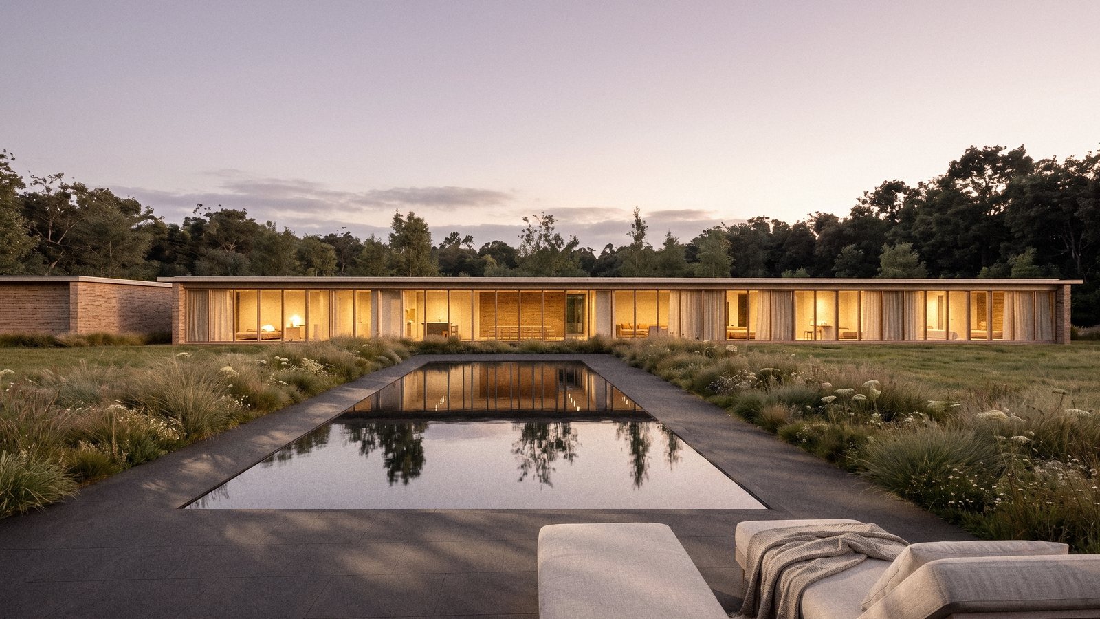 540 Hands Creek, the long house at dusk seen across its pool