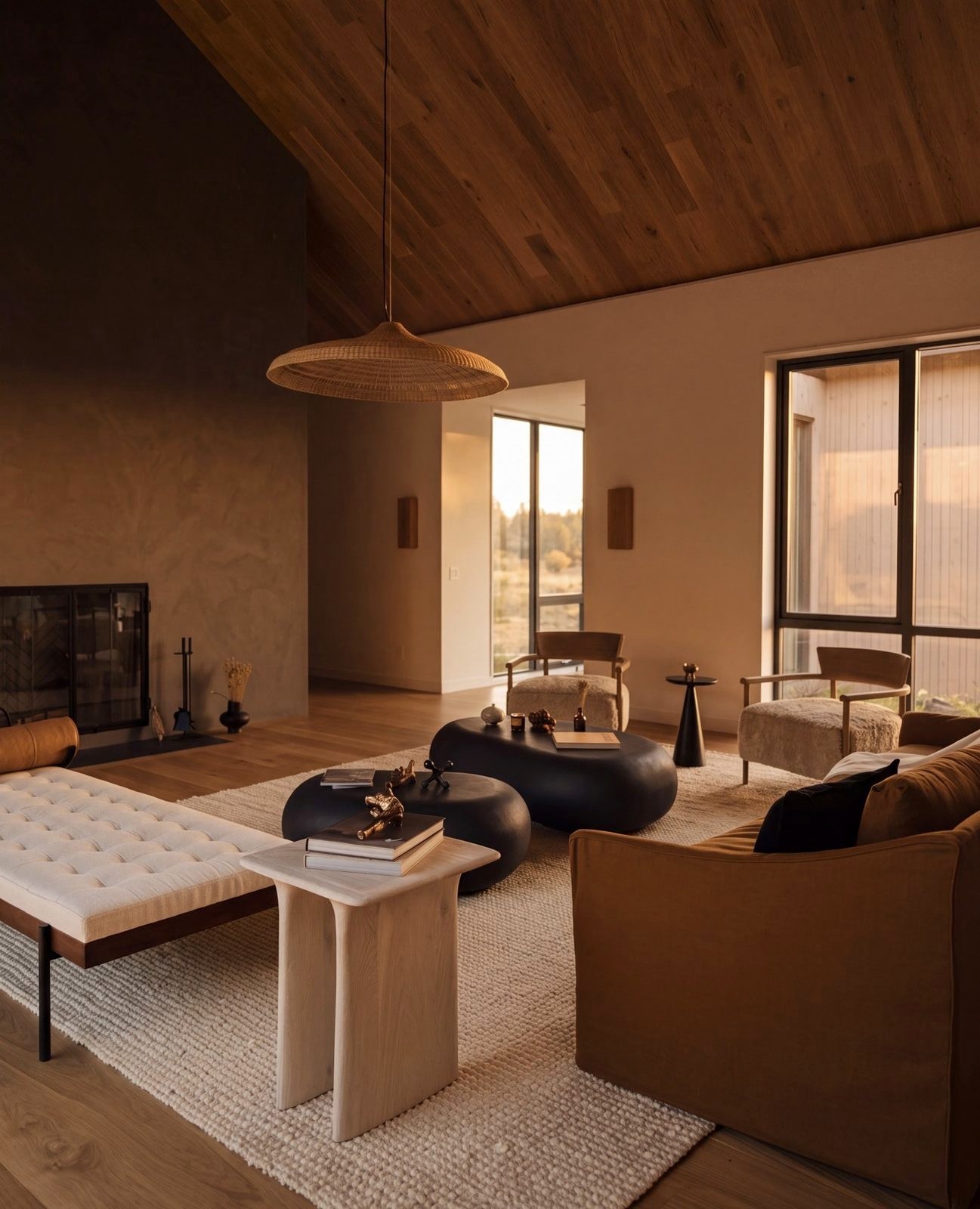 The living room in morning light, the garden beyond the glass