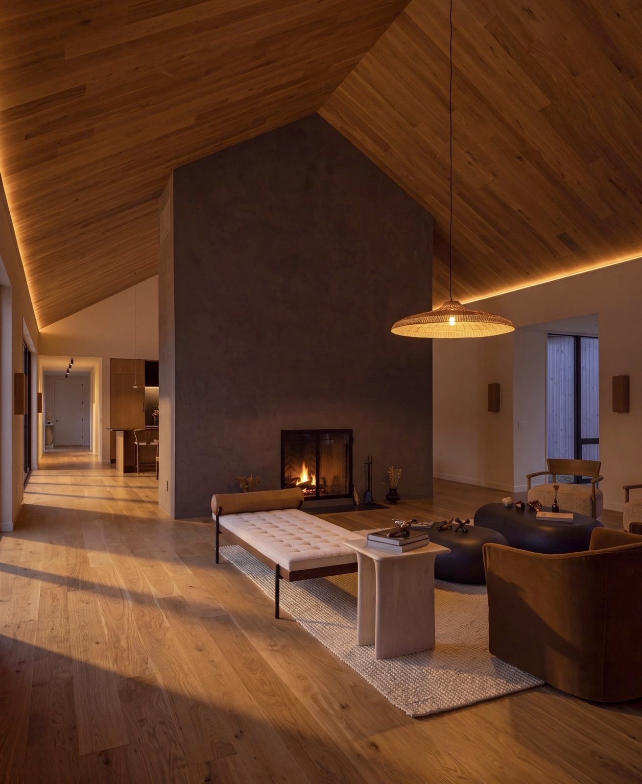 The living room and lit hearth under the pitched timber ceiling