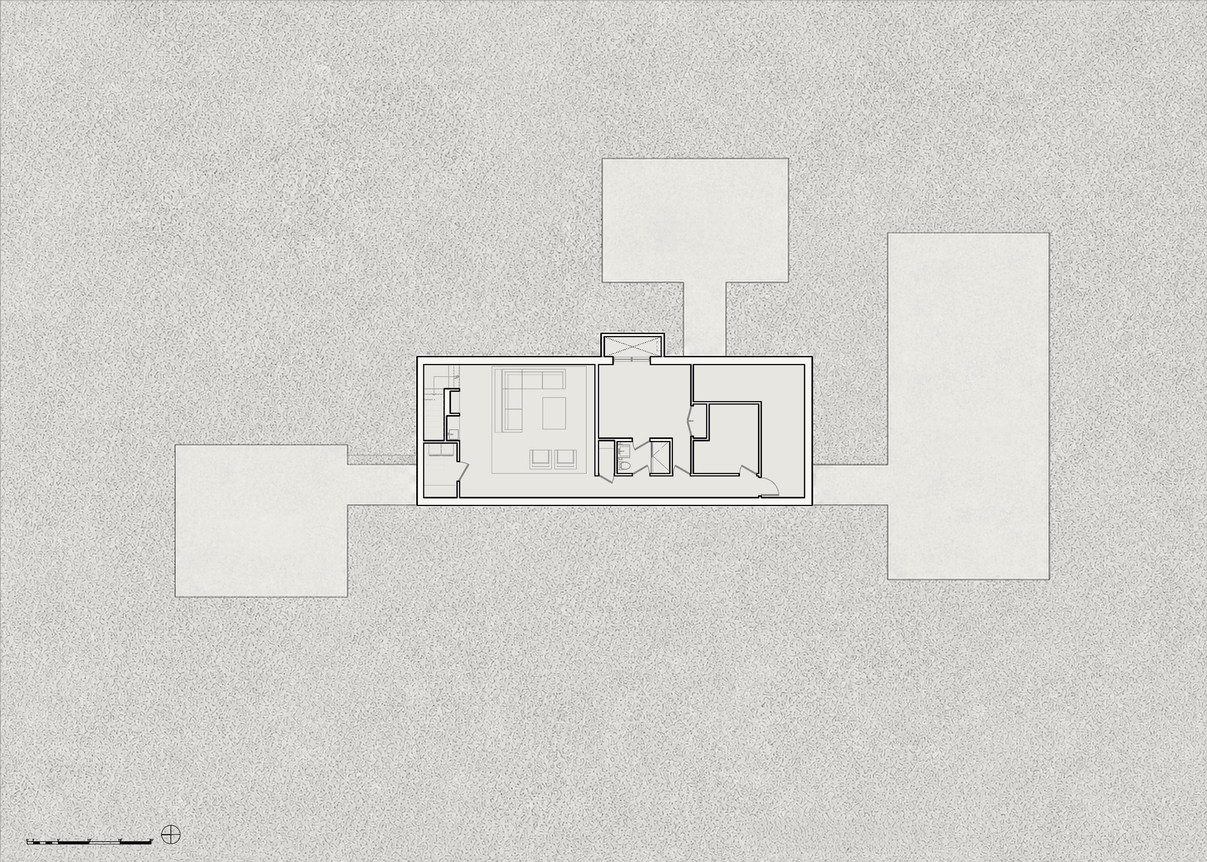 Basement plan: a lounge, a bath and storage below the main house