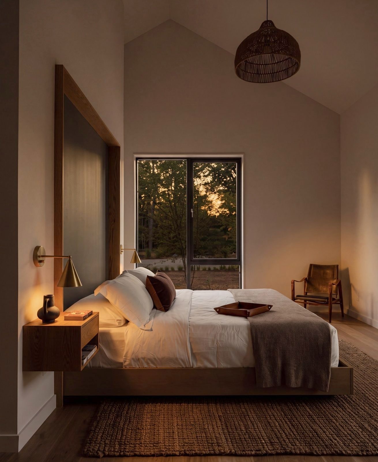The principal bedroom, the bed turned to a tall window and the trees