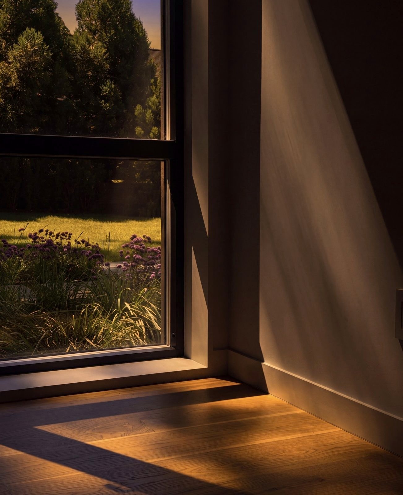Sunlight through a tall window, across the oak floor